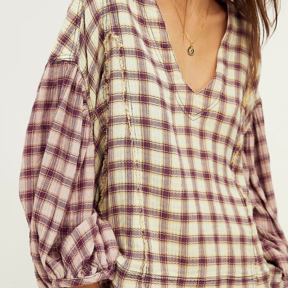 We The Free Plaid Top Fringe Balloon Sleeve Tunic Burgundy bohemian fairy